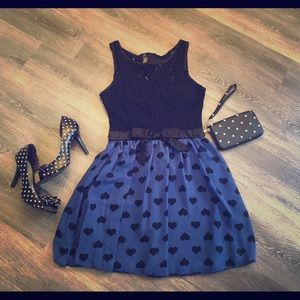 Black lace dress with blue heart pattern skirt